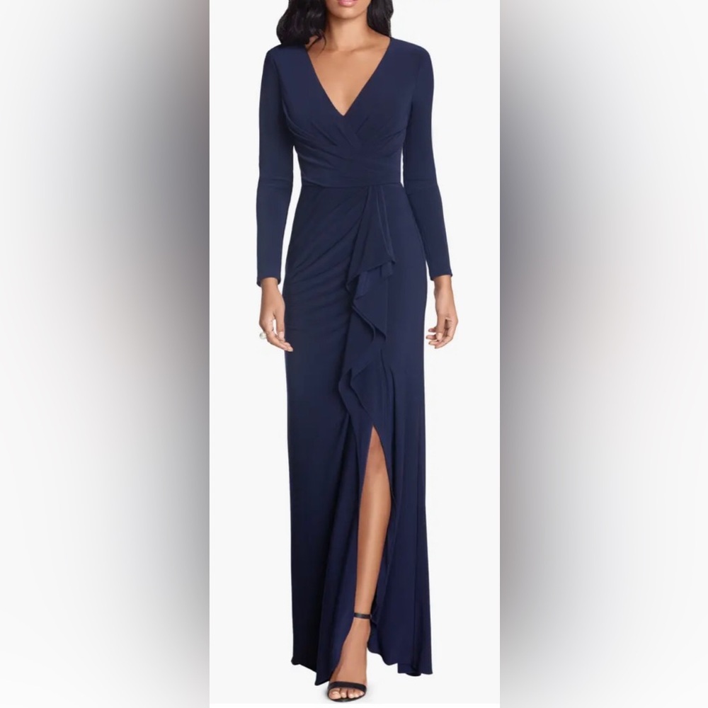 Betsy & Adam Navy Blue Floor Length Ruffled V-neck Gown Stretch Jersey Size 6